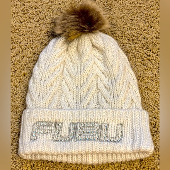 FUBU Cream Knit Hat with Fur Pom - Picture 1 of 6